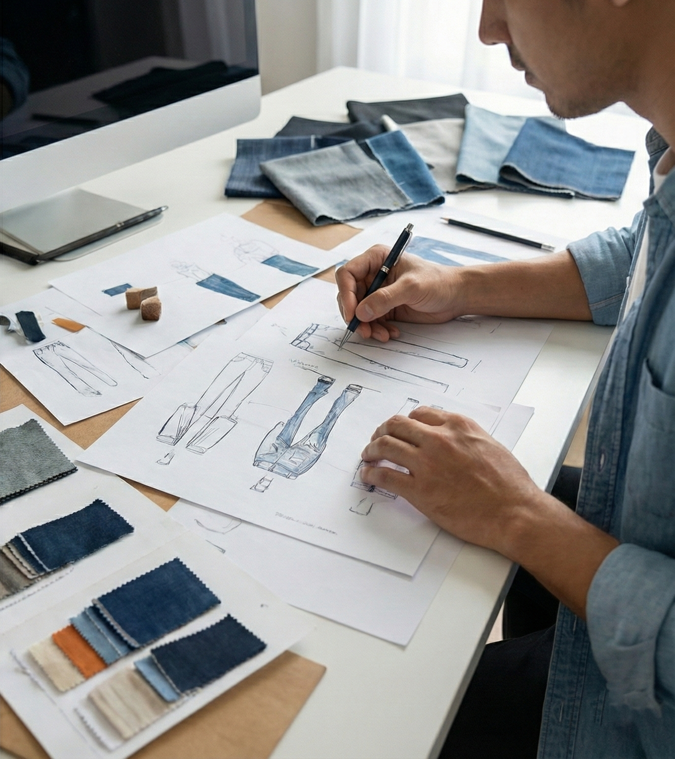 Denim fabric swatches on table